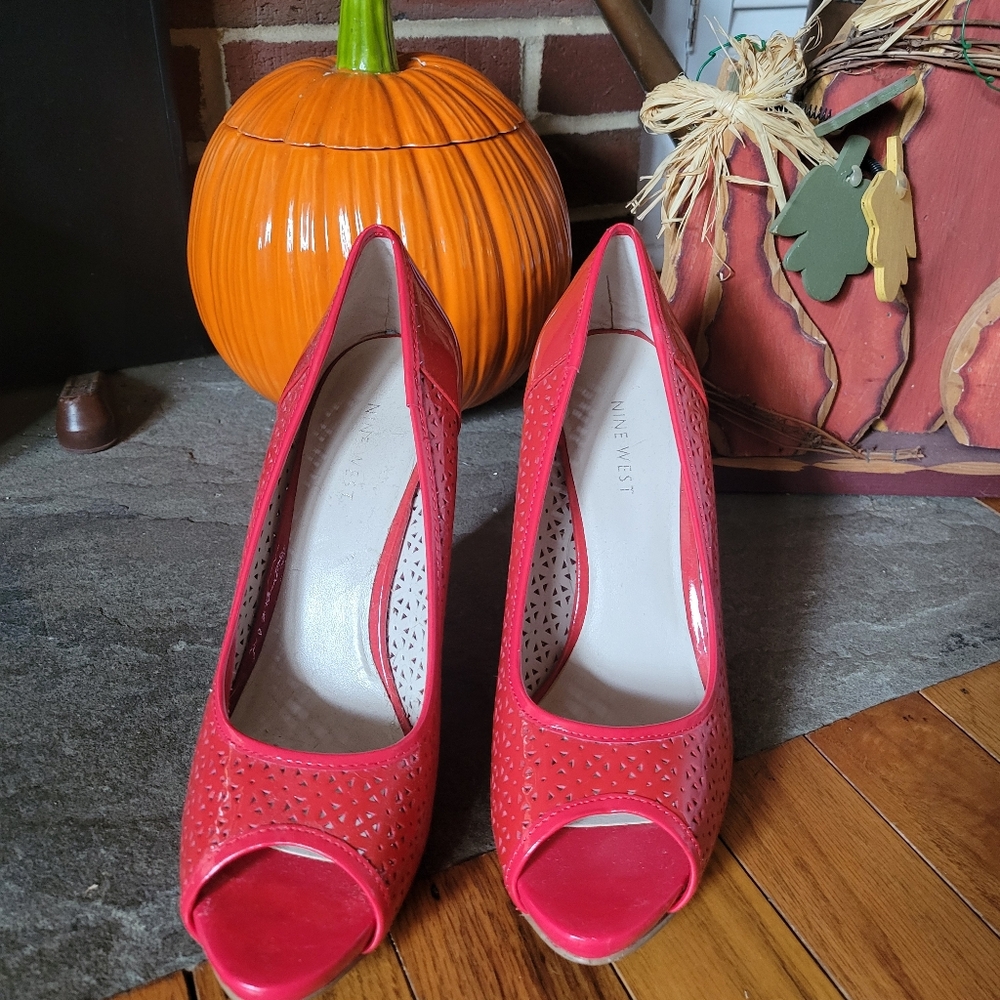 Nine West Vibrant Patent Leather Red Peep Toe Heels